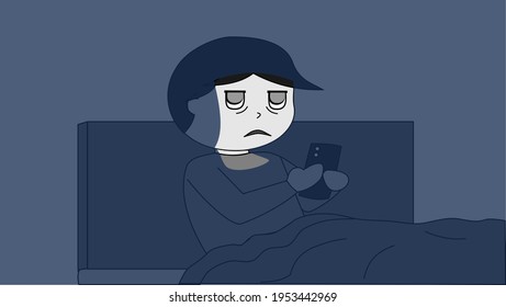 A cartoon of a young man sitting up in bed with only the light from his phone screen lighting up his face. He has a very tired expression on his face due to revenge bedtime procrastination. 