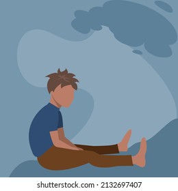 Cartoon young man sitting under dark blue clouds.Cute boy feeling bored on blue background.Vector isolate flat design concept for Psychology, unhappy,depression,bored,sadness, lonely,disappoint.