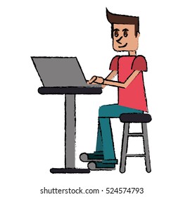cartoon young man sitting working computer