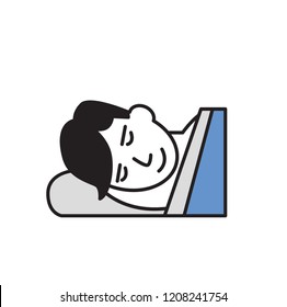 Cartoon young man sleeping in a bed. Cartoon design icon. Colorfull flat vector illustration. Isolated on white background.
