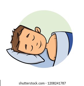 Cartoon young man sleeping in a bed. Cartoon design icon. Colorfull flat vector illustration. Isolated on white background.