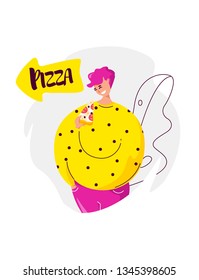 Cartoon young man with slice of pizza and arrow points to the fast food cafe. Vector banner in flat linear style.