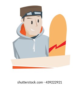 Cartoon young man with snowboard vector illustration isolated over white