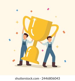 Cartoon of young man success winning and holding gold cup with award, happy people laughing flat vector illustration. 