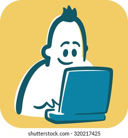 Cartoon young man typing on laptop and smiling.