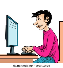 Cartoon young man using computer