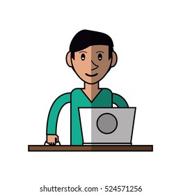 cartoon young man using laptop on desk
