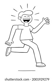 Cartoon young man is very happy and running, vector illustration. Black outlined and white colored.