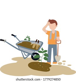 Cartoon young man wearing orange shirt with sweat towel and long pants. He is standing and holding a shovel with his right hand. His left hand wipes the sweat on his face while he is plantings a tree.