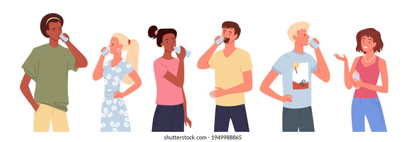 Cartoon young man woman characters standing and drinking refreshing beverage or pure clean water from glass or bottle, hydration energy isolated on white.