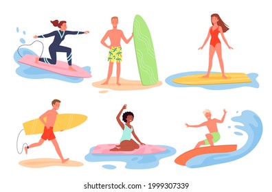 Cartoon young man woman characters in bikini surfing on surfboards, float on ocean wave, summertime cruise collection. Surfer people surf on summer sea beach.