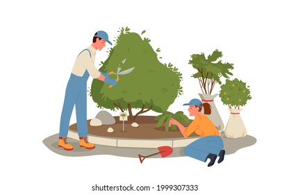 Cartoon young man woman gardener characters working and gardening, holding garden tools scissors shovel, tree sapling background. People work in summer forest or park, grow plants vector illustration.