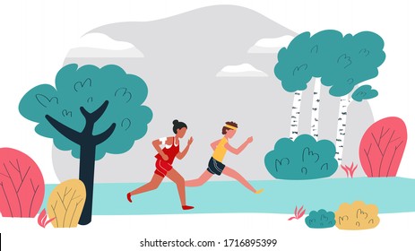 Cartoon young man and woman marathon running sport race sprint in city part, or forest outdoor, flat isometric vector illustration. Sports competition, outdside workout, athletics. Healthy lifestyle