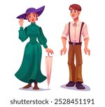 Cartoon young man and woman in Victorian times fashion clothing. Vector set of male person in shirt and pants with suspenders and lady in long dress and hat. Characters in vintage renaissance clothes.