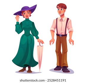 Cartoon young man and woman in Victorian times fashion clothing. Vector set of male person in shirt and pants with suspenders and lady in long dress and hat. Characters in vintage renaissance clothes.