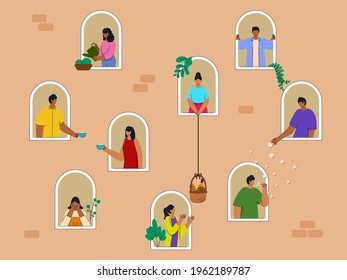 Cartoon Young Men And Women Standing On Their Balconies In A Neighboring Building.