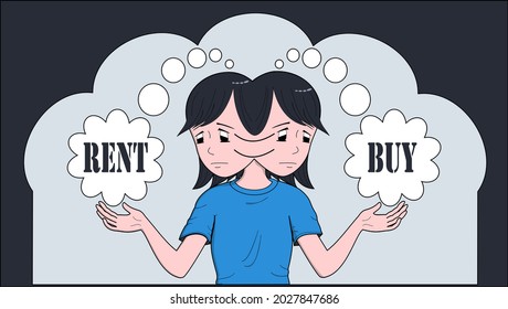 Cartoon of a young millennial woman switching back and forth between looking at a thought bubble that says "Rent" and one that says "Buy".