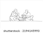 Cartoon of young mom, dad and child building tower of blocks sitting on warm floor in the living room. Continuous line art style
