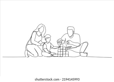 Cartoon young mom  dad   child building tower blocks sitting warm floor in the living room  Continuous line art style
