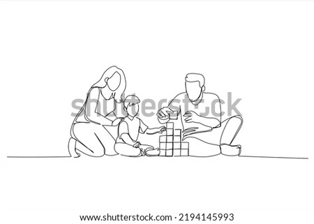 Cartoon of young mom, dad and child building tower of blocks sitting on warm floor in the living room. Continuous line art style
