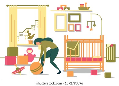 Cartoon Young Mother Cleaning Up Child Bedroom Vector Illustration. Woman Pick Toys From Floor Tidying Mess. Nursery Room Interior With Crib Baby Bed. Housekeeping. Motherhood Parenting Duties.