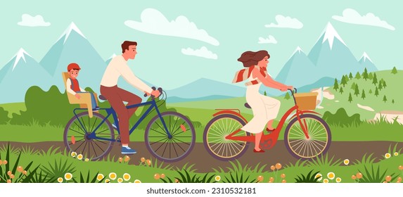 Cartoon young mother, father and son in helmet travel on bicycles, healthy leisure and vacation of cyclists. Happy family people ride bikes on path of spring mountain landscape