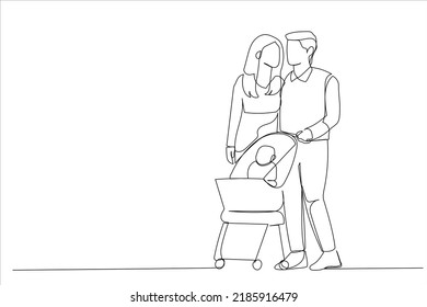 Cartoon of young mother and father walking outdoors with baby in stroller. Single continuous line art style
