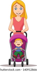 Cartoon young mother pushing a baby in a stroller