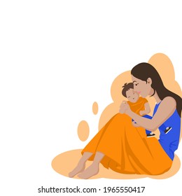 Cartoon young mother wearing blue shirt and orange skirt is Carrying cute son on his lap and kissed his cheek on white background with copy space .Vector flat design concept for Mother’s Day or card.