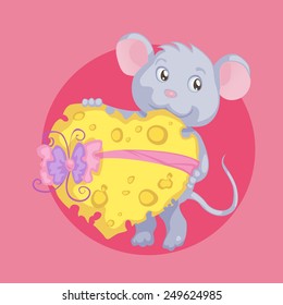 cartoon young mouse hold cheese-made big heart