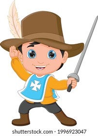 cartoon young musketeer holding sword