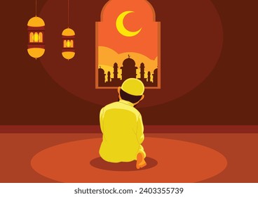 Cartoon young muslim man praying in the mosque at beautiful sunset sky with crescent moon, happy eid adha mubarak Vector Illustration