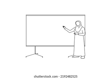 Cartoon of young muslim teacher wearing hijab near whiteboard in modern classroom. Space for text. Oneline art drawing style
