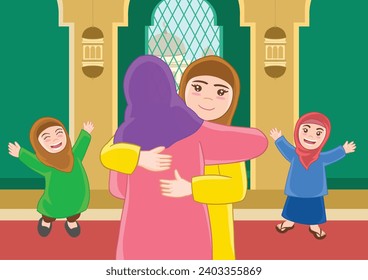 Cartoon young muslim woman hugging in the mosque with gold arabic lantern, happy eid adha mubarak Vector Illustration