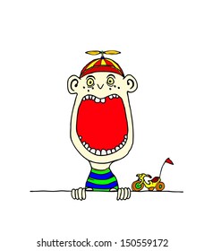 A cartoon of a young nerd boy wearing a propeller beanie with a wide open mouth with blank space for text.