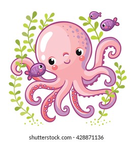 Cartoon young octopus surrounded by small sea fish and seaweed. Vector illustration in cartoon style for summer sea theme.