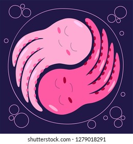 Cartoon young octopus. Vector illustration in cartoon style for summer sea theme. Yin yang