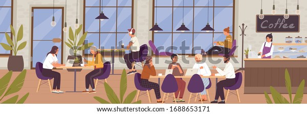 Cartoon young people communicating and working\
at modern coffeehouse vector flat illustration. Man, woman and\
group of people sitting on table use laptop at cafe. Coworking\
office with cafeteria