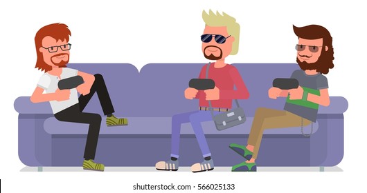 cartoon young people hipsters play video games in the game console sitting on the couch. Gamepad in hands. Friends playing video games. Vector illustration. Flat design style