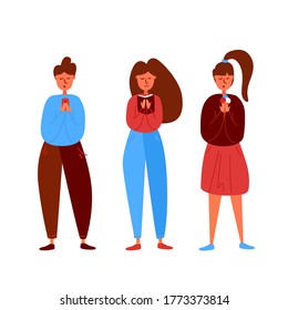 Cartoon young people isolated on white background. A guy uses a smartphone, young students studying textbooks, and a woman holds an ice cream. Vector illustration, flat lay style