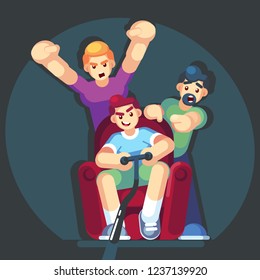 cartoon young people play video games sitting on the couch sofa. Gamepad in hands. Friends playing video games. Vector illustration. Flat design style