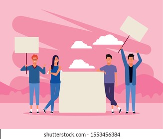 cartoon young people protesting with blank placards over pink background, colorful design. vector illustration