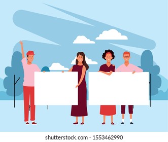 cartoon young people protesting with blank posters in the park over blue background, colorful design. vector illustration