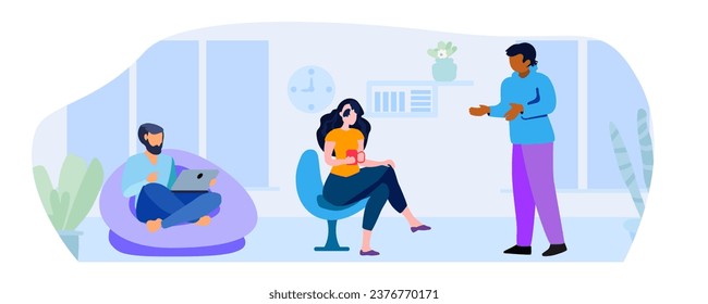 Cartoon young people sit in armchairs in the interior of the home living room, read books and newspapers with a cup of hot drink. diversity, diverse, different, inclusion, multiculturalism.  Flat vect