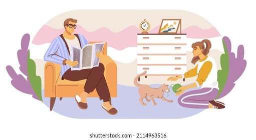 Cartoon young people. They sit in armchairs in the interior of a home living room, read books and newspapers. A girl plays with a cat. Home leisure.