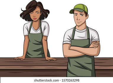 Cartoon young people wearing apron. Workers wearing uniform. 
