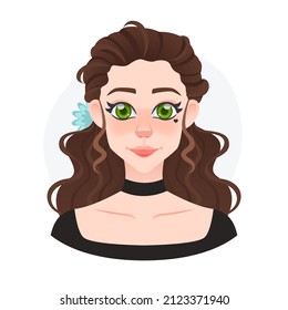 Cartoon young pretty girl avatar. Beaulifull doll with blue flower in long curly hairs. Lady style