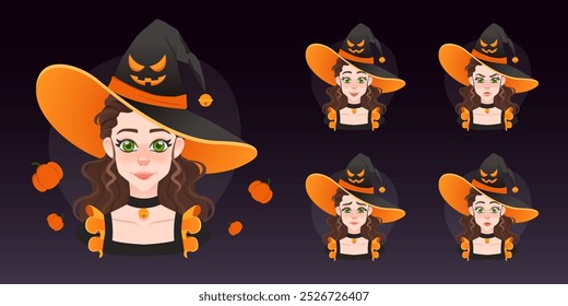 Conjunto de avatar de bruja bonita joven de dibujos animados. Hermosa chica de ojos verdes con expresiones faciales. Mágico con cuello de calabaza y pelos marrones