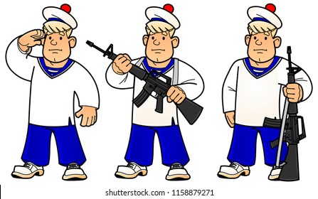 Cartoon young sailor. Rescue work on the water. A set of images.