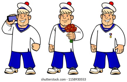 Cartoon young sailor. Seamans on the shore. A set of images.